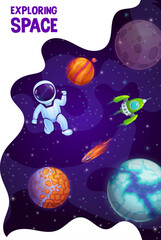 Cartoon space poster. Astronaut, rocket and space planets landscape. Space exploration poster or vector flyer, vertical leaflet or banner with fantastic planets, asteroid and spaceman in galaxy