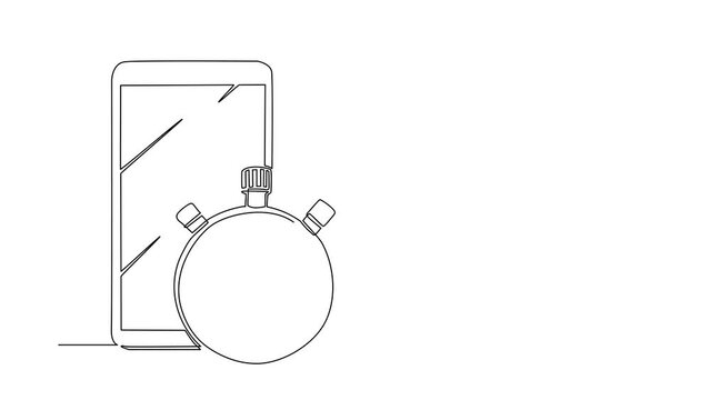 Animated self drawing of continuous line draw smartphone, stopwatch, special watch to start, stop, measure. Competition equipment. Timer return arrow, stop watch. Full length single line animation