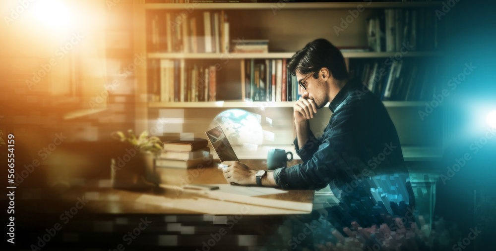 Poster digital transformation, futuristic and business man with laptop, email communication and cyber space