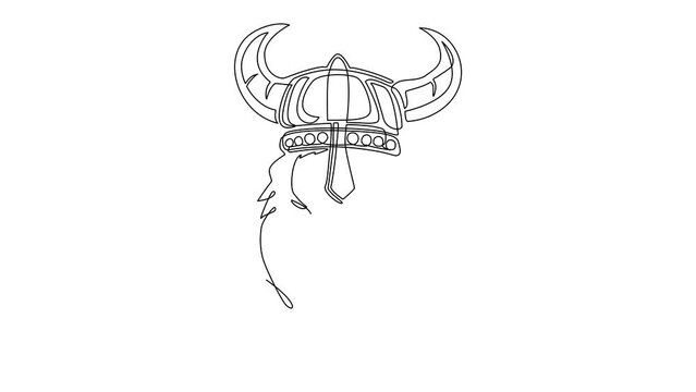 Animated self drawing of continuous line draw head of bearded viking with horned helmet. Vikings team. Sport label with viking. Warrior in helmet logo mascot. Full length one line animation