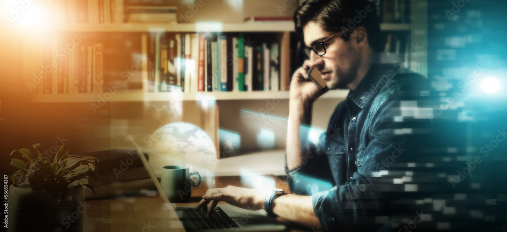 Poster digital transformation, futuristic and business man with phone call, communication and cyber space o