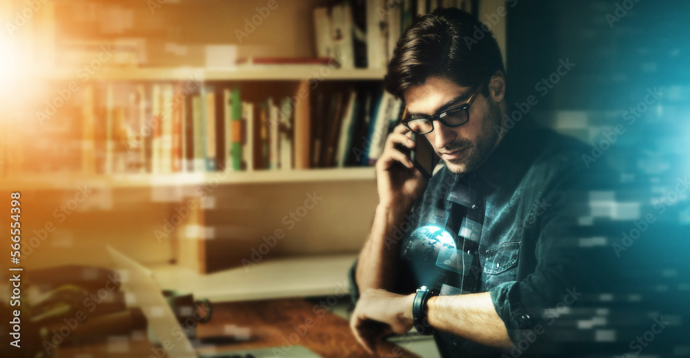 Poster Digital transformation, futuristic and business man with phone call, check time with communication and cyber space overlay. Internet, future technology and ai, global network with 3d world hologram