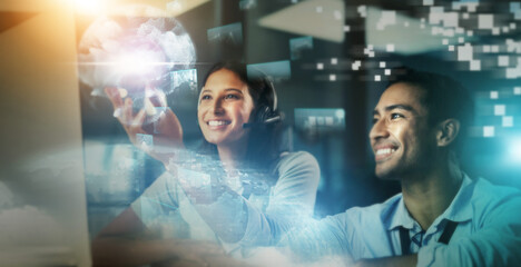 Creative business people, digital transformation and hologram for telemarketing, future or...