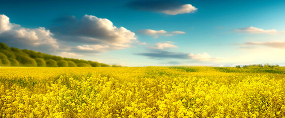 Beautiful panorama of a flowering rapeseed field Against the background of a blurred blue sky with clouds . - obrazy, fototapety, plakaty