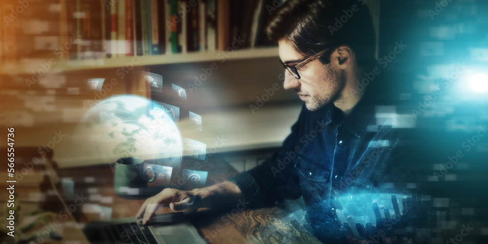 Aufkleber futuristic, technology and world, business man with tech transformation overlay, hologram and laptop