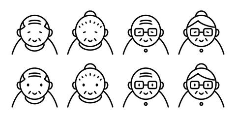 シニア、高齢者の線画アイコン。老夫婦の笑顔、メガネをかけるおじいちゃんおばあちゃん敬老の日、白黒ベクターイラスト素材