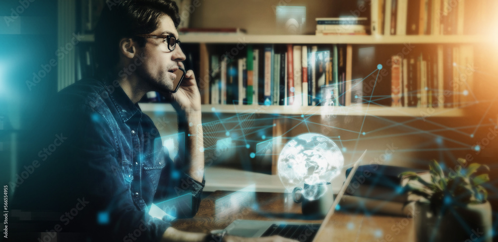 Poster digital transformation, world hologram and man with phone call, business communication and cyber spa