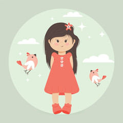 Funny little girl with cute birds. Bright vector illustration for postcards, covers, invitations, packaging and much more