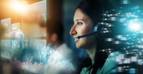 Call center, digital hologram and woman in night communication, telemarketing and global networking sales. Virtual consultant, agent or telecom person with futuristic overlay and business consulting - obrazy, fototapety, plakaty