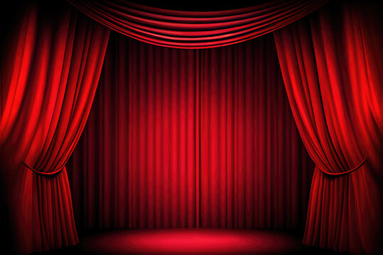 Empty scene with a red curtain and spotlight. Open theatrical stage curtain. Generative AI