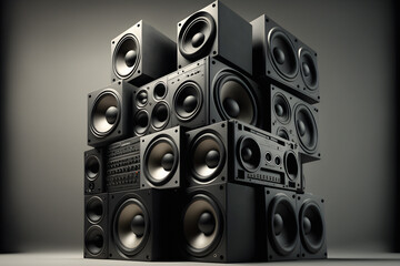 A large stack of music audio speakers. 3d illustration