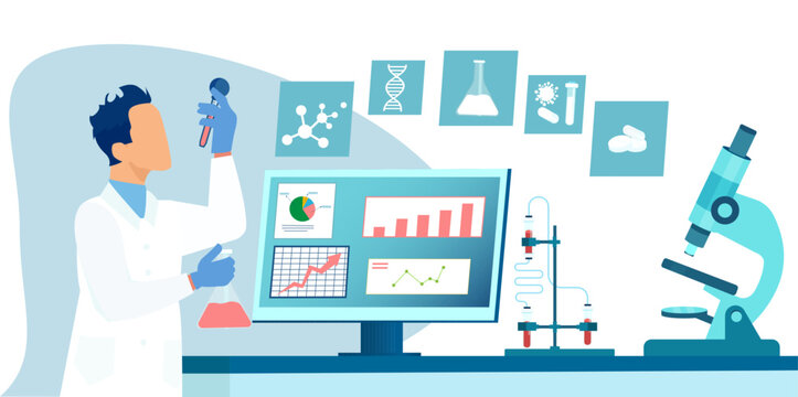 Vector of a doctor working in the medical laboratory analyzing  test results on computer and holding a vial