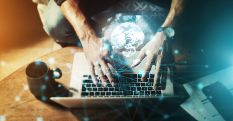 Hands, laptop and digital marketing, networking or global cybersecurity for trading, IoT or future technology at desk. Hand of person typing on computer above for online search, big data or fintech