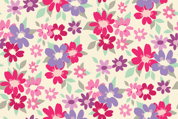 Seamless floral pattern, cute spring ditsy print with small daisies. Pretty botanical design with tiny hand drawn plants: small colorful flowers, leaves on white background. Vector illustration.