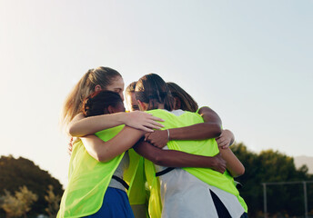 Support, hug and team huddling for hockey, game motivation and sports on a field in Australia. Team...