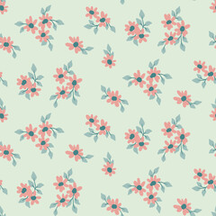 Seamless floral pattern, romantic ditsy print with rustic motif. Cute botanical design with small hand drawn plants: daisy flowers, leaves on a light background. Vector illustration.