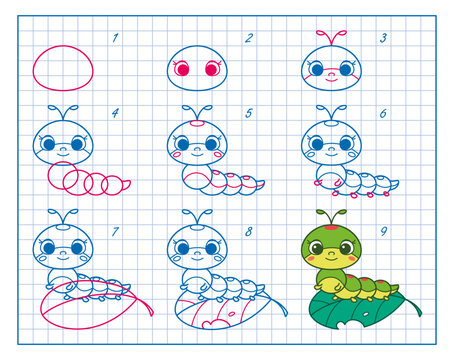 How to Draw Cute Caterpillar, Step by Step Lesson for Kids cartoon vector illustration