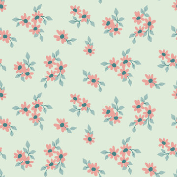 Seamless floral pattern, romantic ditsy print with rustic motif. Cute botanical design with small hand drawn plants: daisy flowers, leaves on a light background. Vector illustration.