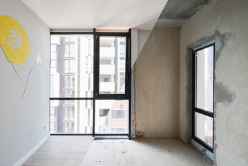 Comparison of children room with wooden bunk bed before and after restoration. Photo collage of old apartment with door and new renovated flat with parquet floor.
