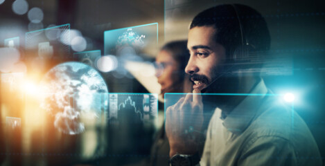 Overlay, futuristic and man in call center, hologram and talking for telemarketing, communication and connection. Future, male consultant and employee with holographic, focus and global networking