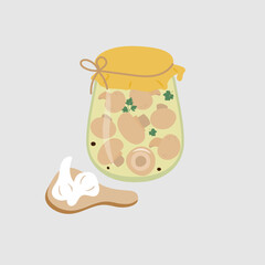 Pickled champignons in glass jar with garlic. Cartoon vector illustration.