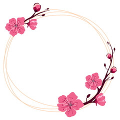 Round pink frame with spring cherry blossoms with a place for text. Vector illustration on a white background for decor and for wedding invitations