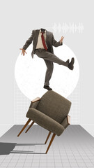 Contemporary art collage. Creative surrealistic design. Headless man in suit dancing on armchair,...