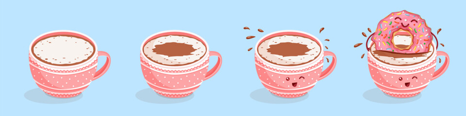 Set of pink cups of coffee with foam and funny donut. Set of vector illustrations of espresso, cappuccino, latte, raf with milk and sweet dessert. - obrazy, fototapety, plakaty