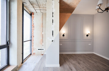 Comparison of apartment room with large panoramic window before and after refurbishment. Old room before restoration and new renovated room with elegant interior design.