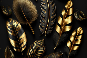 Stylish dark feather texture background. Colorful peacock feathers,Shallow Dof. Peacock feather , close up of black and gold feathers background. Top view