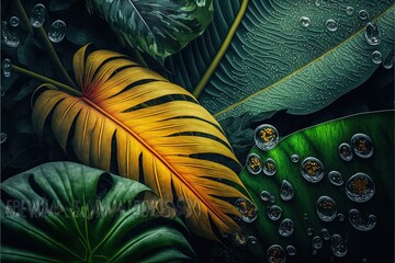 Tropical leaves closeup macro background with dew drops. Digital art illustration.