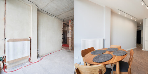 Modern apartment before and after restoration or refurbishment. Comparison of old kitchen room and...