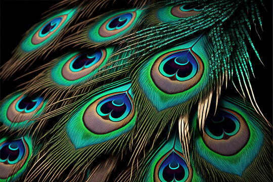 Stylish dark feather texture background. Colorful peacock feathers,Shallow Dof. Peacock feather , close up of black and gold feathers background. Top view