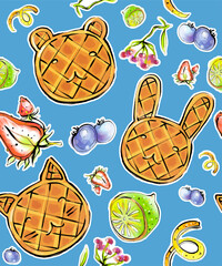 Vector watercolor pattern Asian sweets , waffles, cookies, ice cream stuffed with fruit, chocolate, nuts.