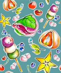 Delicious Asian restaurant dishes, snacks. Set, frame, pattern. Sweets, sashimi, ramen, pancakes, fish pie, toki boki, fish