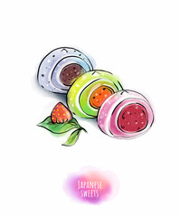 Delicious Asian restaurant dishes, snacks. Set, frame, pattern. Sweets, sashimi, ramen, pancakes, fish pie, toki boki, fish