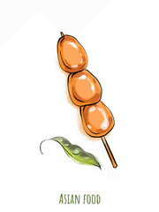 Delicious Asian restaurant dishes, snacks. Set, frame, pattern. Sweets, sashimi, ramen, pancakes, fish pie, toki boki, fish