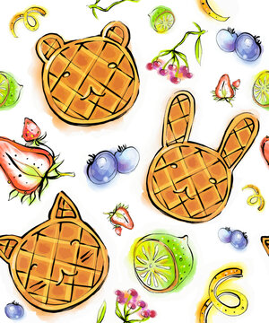 Vector watercolor pattern Asian sweets , waffles, cookies, ice cream stuffed with fruit, chocolate, nuts.