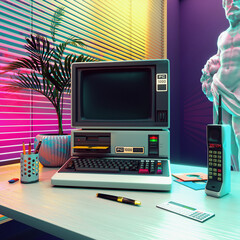 Retro style Workspace with Vintage Computer, Large Mobile Phone, Calculator and 5.25" Floppy Disks in Colorfull Lighting. 3D Rendering.
