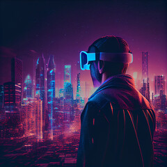 human wearing VR Glasses looking at the hologram of the city Ai generated.