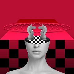 Contemporary art collage. Creative surreal design. Chess game. Cut female face with chess board and...