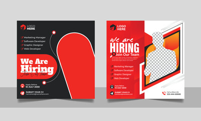 We are hiring social media post job vacancy banner template with black red color. corporate employee recruitment square flyer design.