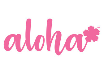 Logo destino de vacaciones. Letras de la palabra hawaiana aloha en texto manuscrito con silueta de flor de hibisco © teracreonte