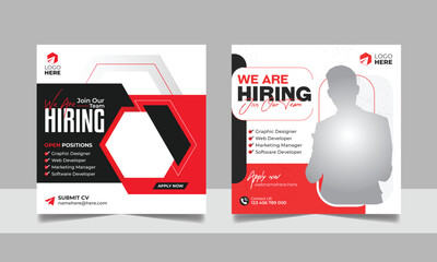 Hiring job vacancy social media post template set. Vacant recruitment marketing web banner square flyer design.