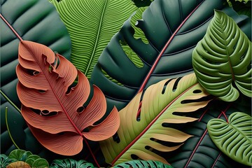 Abstract tropical leaves and flowers background. Realistic clay render illustration