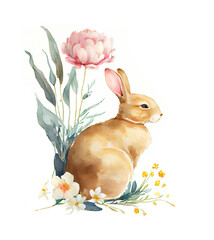 Watercolor painting of rabbit floral corner vignette as illustration of Easter bunny with peony flower generative AI art - 566557939