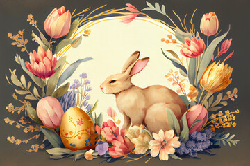 Painting of rabbit in floral vignette with golden egg and copy space as illustration of Easter bunny generative AI art