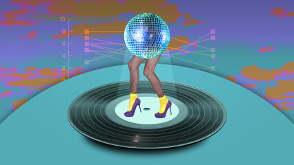 Contemporary artwork. Creative surreal design. Disco dancing. Male legs on high heels dancing on vinyl under disco ball. Concept of imagination, surreal art, inspiration, abstraction. Magazine style