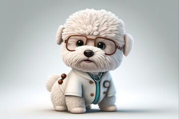 Poodle toy Doctor Dog 3d in a white medical coat on white background, ai generated