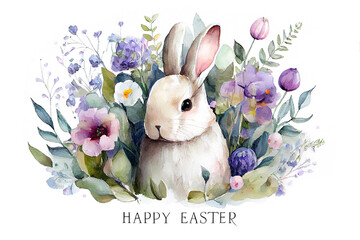 Watercolor painting of vintage Easter card design as illustration of Easter bunny in flowers and tulips with text Happy Easter as rabbit generative AI art